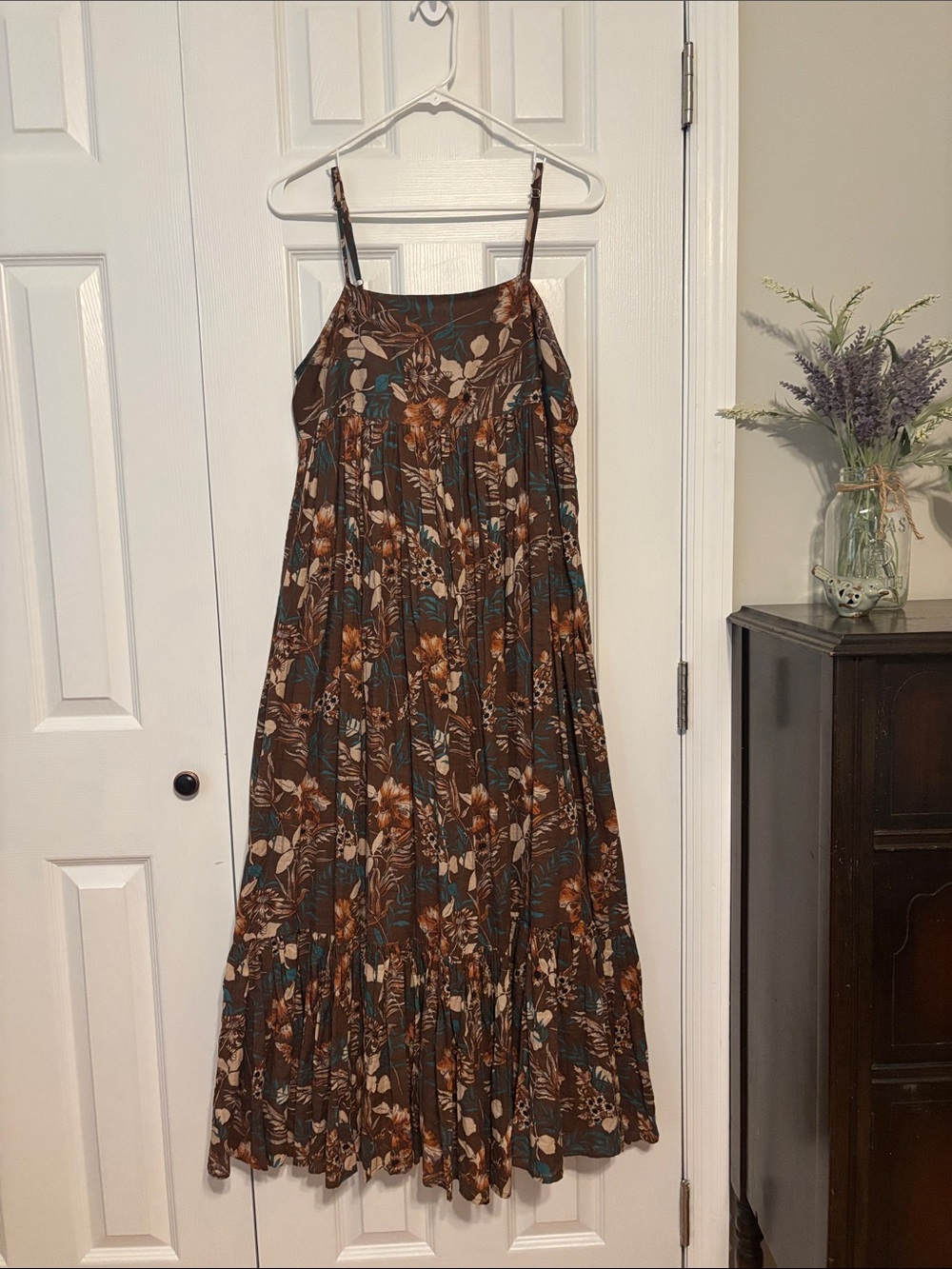 NATURAL LIFE Brown Floral Maxi Dress with Teal Accents